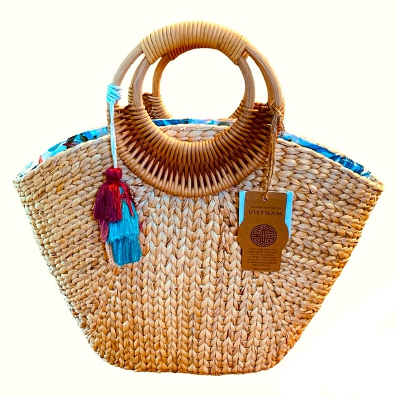 NEW Natural Hyacinth Raffia Straw Purse Tote Bag Tassel Tropical Size 12 x 14" - Picture 11 of 11